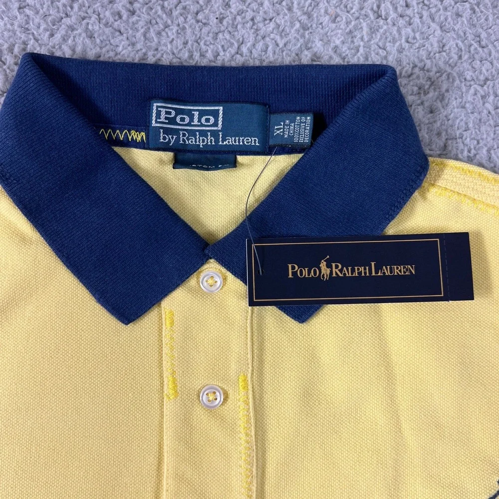 Polo Ralph Lauren Polo Shirt Mens XL Yellow Navy Big Pony Custom Fit Vintage NWT